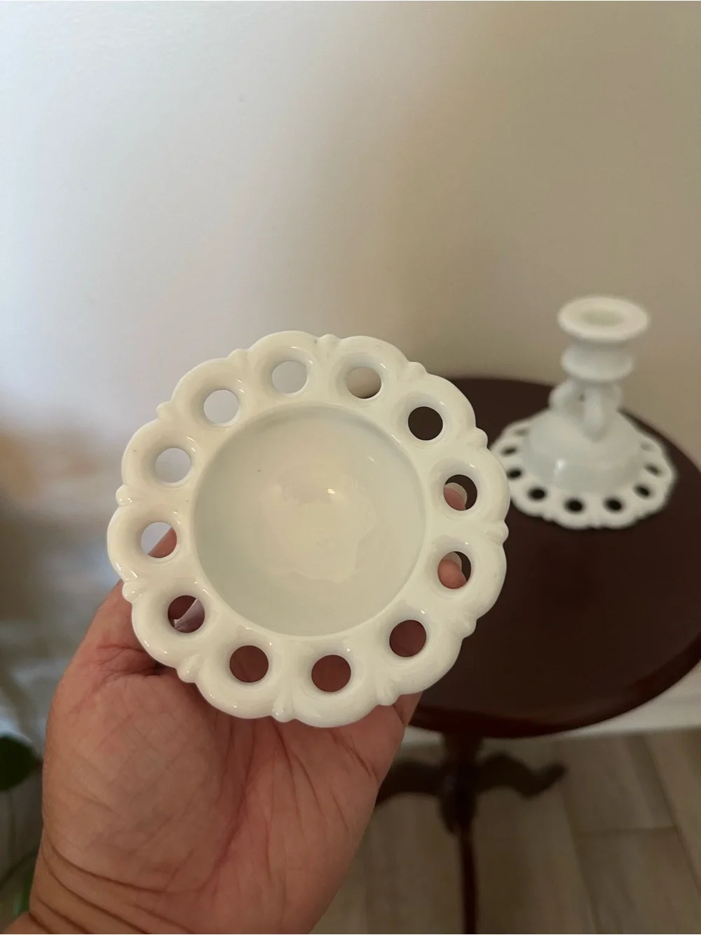 Westmoreland White Milk Glass Candlestick Pair with Pierced Ring Bases